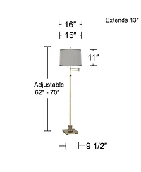 360 Lighting Swing Arm Floor Lamp Adjustable Height 70" Tall Antique Brass Platinum Dupioni Silk Drum Shade for Living Room Reading