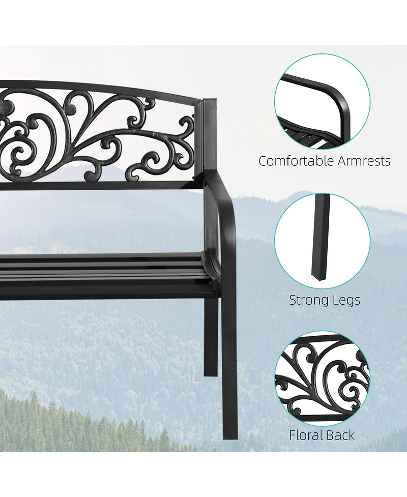Clihome 50" Outdoor Bench, Metal Garden Bench with Floral Pattern Backrest, Porch Bench