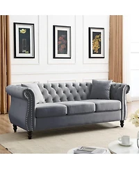 Maison Boucle 80" Velvet Sofa 3-Seater Tufted Chesterfield Couch Rolled Arm Nailhead