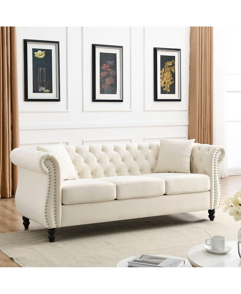 Maison Boucle 80" Velvet Sofa 3-Seater Tufted Chesterfield Couch Rolled Arm Nailhead