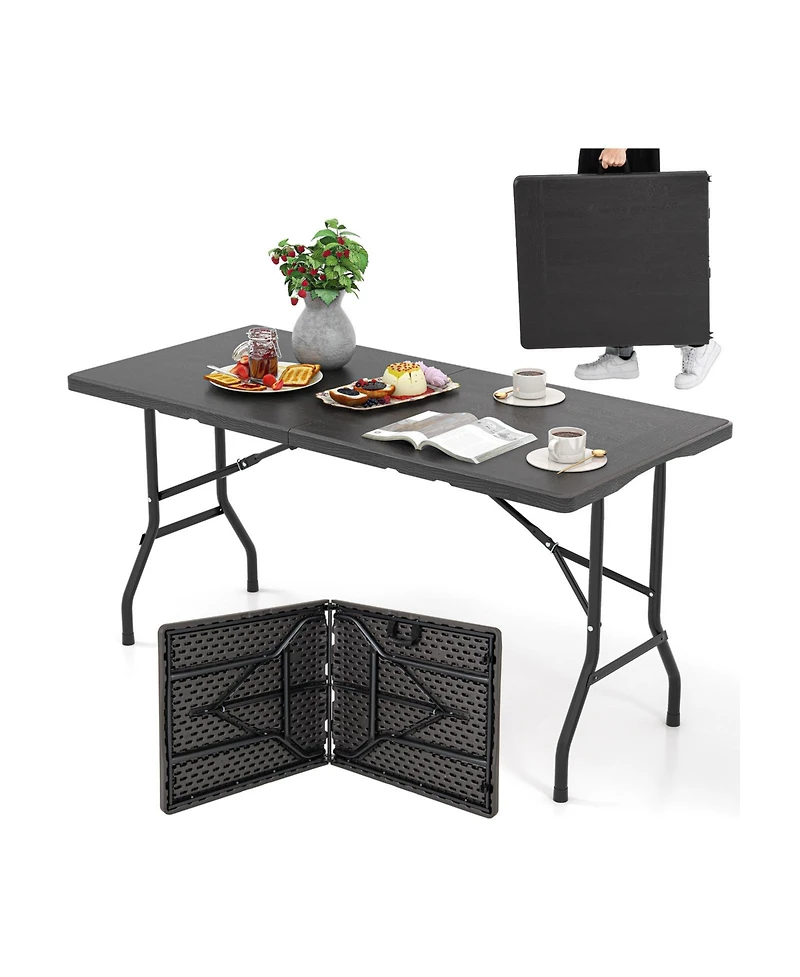 Sugift 5 ft Folding Picnic Table with Wood Grain Hdpe Top and Non Slip Pads