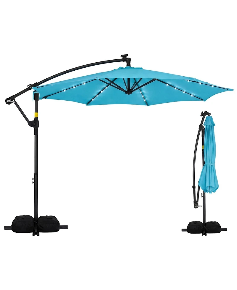Sugift 10 ft Solar Offset Hanging Umbrella with Base and Led Lights