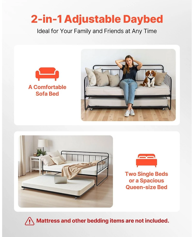 Sugift Full Size Daybed Frame with Trundle, Heavy Duty Metal, Easy Assembly