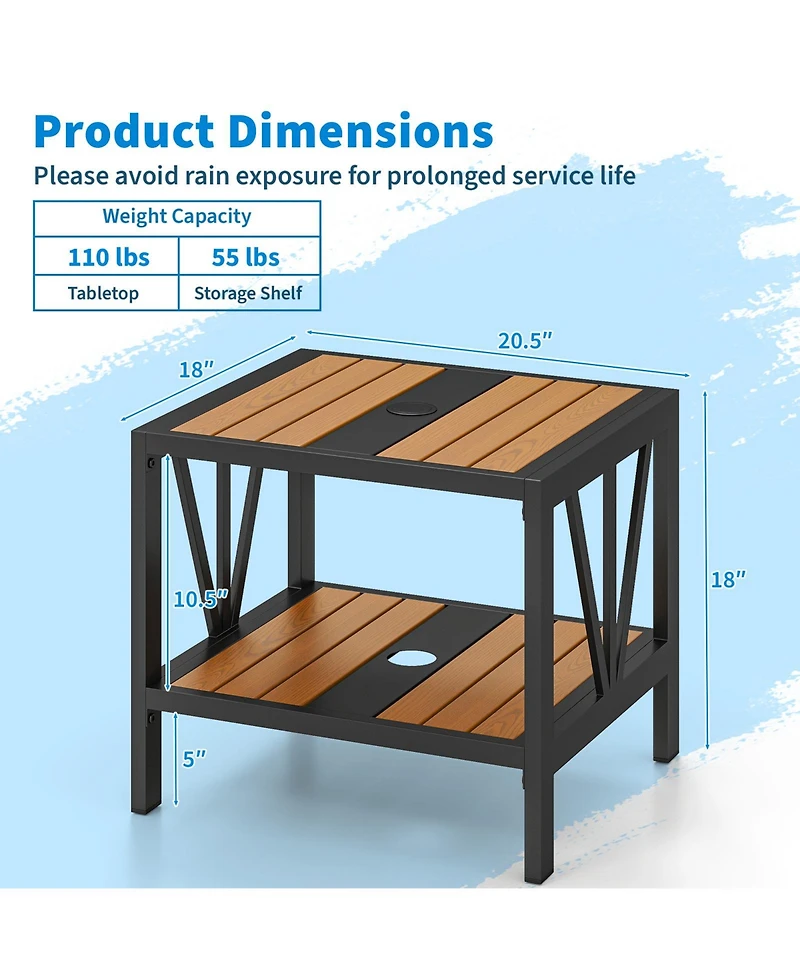 Sugift Outdoor Side Table with Umbrella Hole and Storage Shelf