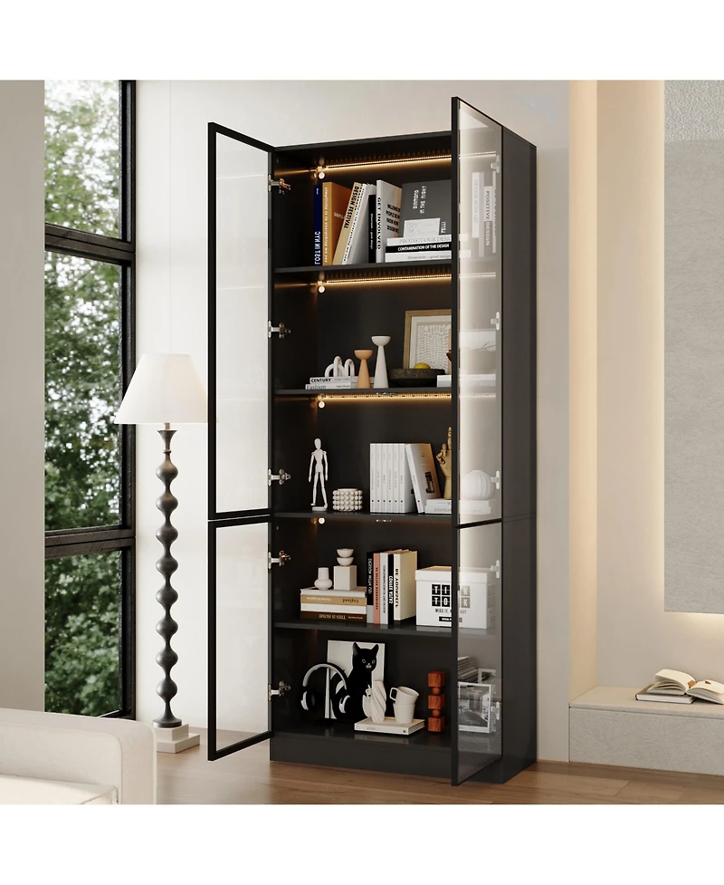 Famapy Display Cabinet with 4 Glass Doors and Lights, 5-Tier Storage Shelves, Bookcases and Shelves