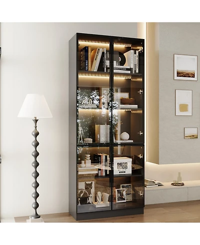 Famapy Display Cabinet with 4 Glass Doors and Lights, 5-Tier Storage Shelves, Bookcases and Shelves