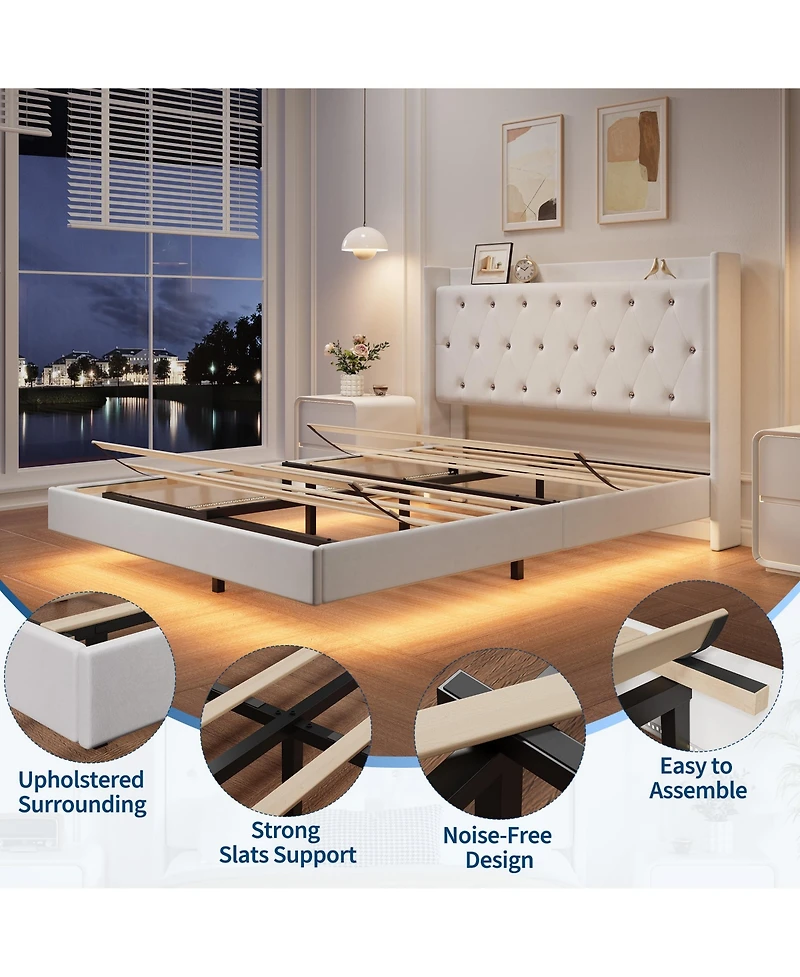 Homfan Bed Frame with Led Lights, Upholstered Headboard, Storage Shelves