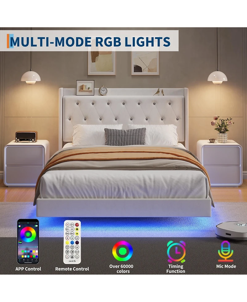 Homfan Bed Frame with Led Lights, Upholstered Headboard, Storage Shelves