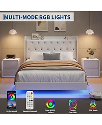 Homfan Bed Frame with Led Lights, Upholstered Headboard, Storage Shelves