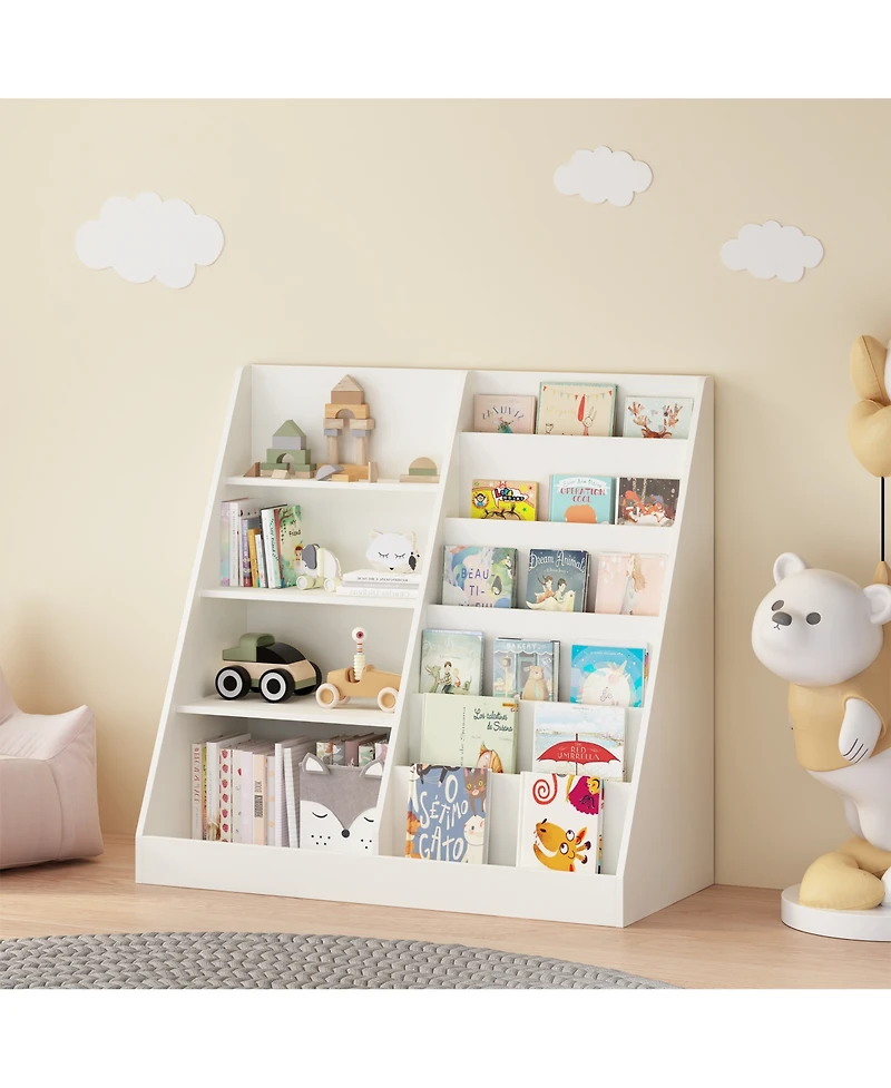 Rainsken Kids Bookshelf and Toy Storage Organizer - 4 Tier Wooden Bookcase Display Stand for Nursery, Playroom and Classroom