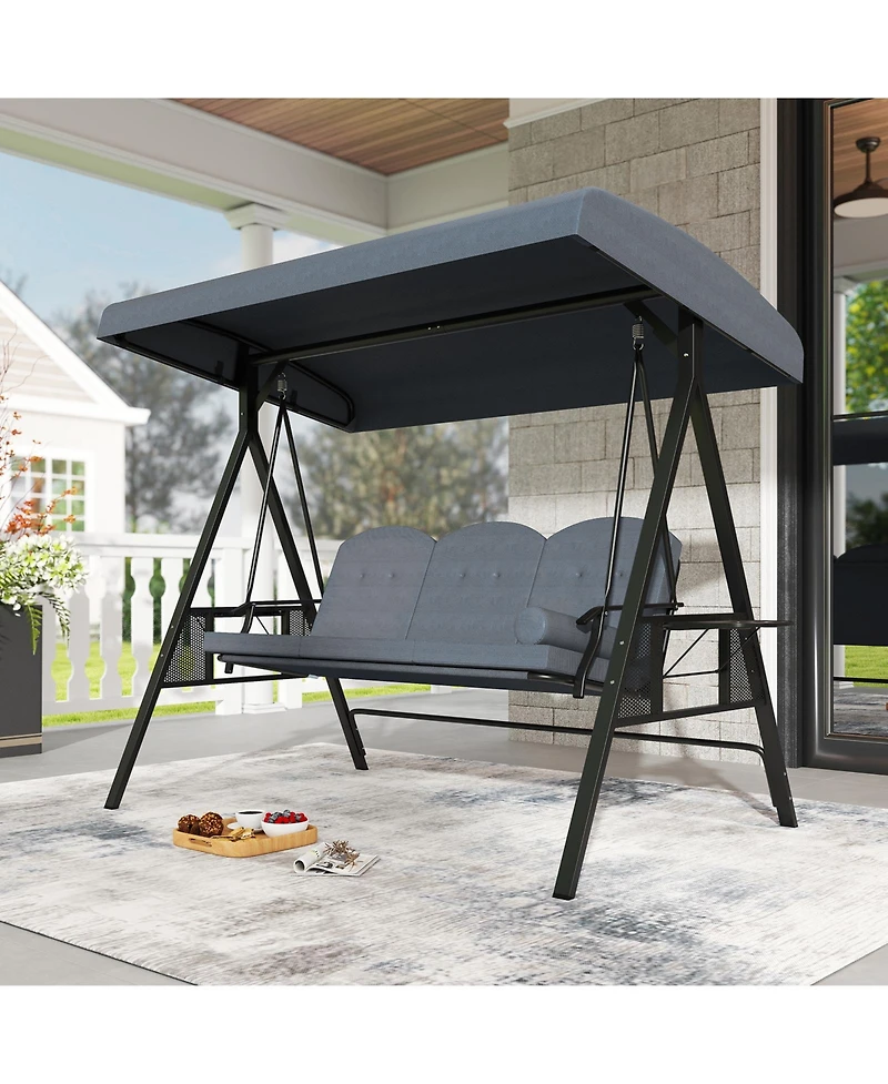 Sugift Three Seat Patio Swing Chair with Canopy Cushions and Trays