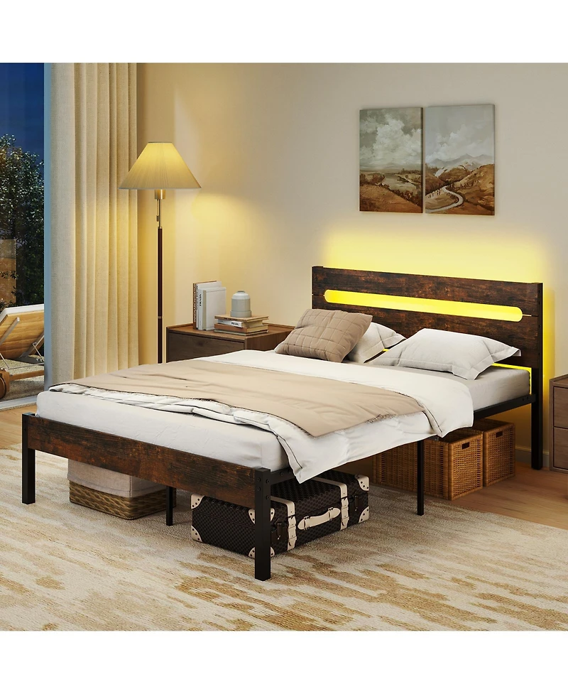 Gouun King Size Heavy-Duty Metal Slats Support Bed Platform with Charging Station