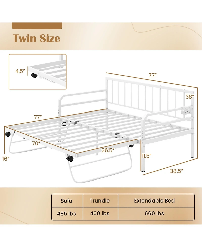 Gouun Adjustable Metal Twin Size Daybed with Charging Station and Led Light