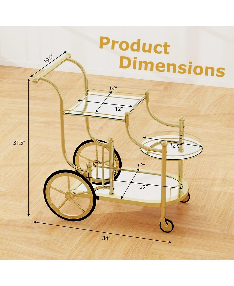 Sugift Three Tier Rolling Bar Serving Cart with Mirrored Shelves