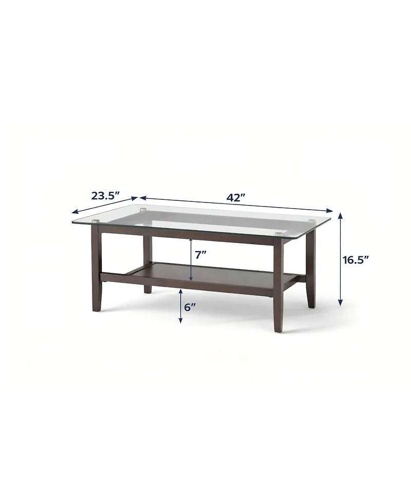 Gouun 42 in Rectangular 2-Tier Tempered Glass Coffee Table with Rubber Wood Legs