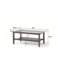 Gouun 42 in Rectangular 2-Tier Tempered Glass Coffee Table with Rubber Wood Legs