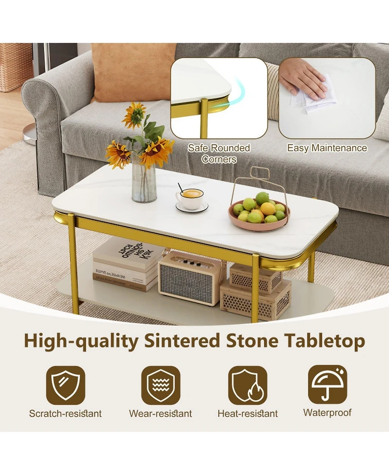 Gouun 35.5 in Modern Sintered Stone 2-Tier Coffee Table with Gold Metal Frame