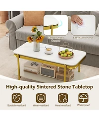 Gouun 35.5 in Modern Sintered Stone 2-Tier Coffee Table with Gold Metal Frame