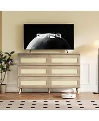 gaomon Modern Rattan 6 Drawer Dresser for Bedroom, Wooden Chest of Drawers with Storage, Clothes Organizer Cabinet