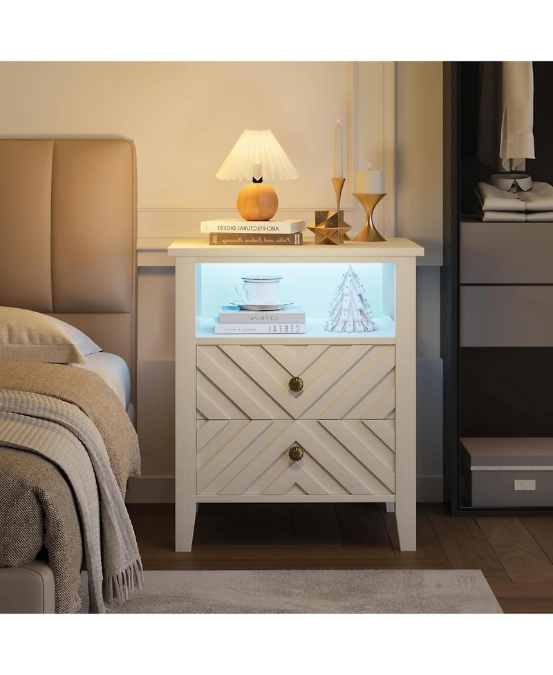 gaomon Led Night Stand with 2 Storage Drawers and Stable Wooden Legs Farmhouse Nightstand w/V-Shaped Design and Open Storage Shelf