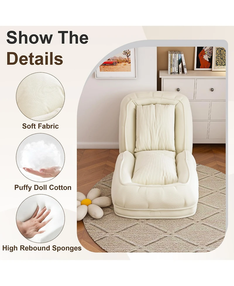 Rainsken Corduroy Upholstered Folding Lazy Sleeper Sofa, 5-Level Adjustable Reclining Lounge Chair, Soft Accent Chair for Bedroom, Living Room