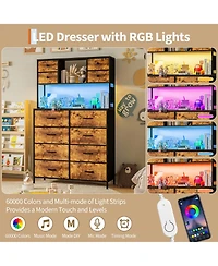 gaomon Dresser for Bedroom, 12-Drawer Fabric Chest with Led Lighting, Power Outlet and Open Shelves