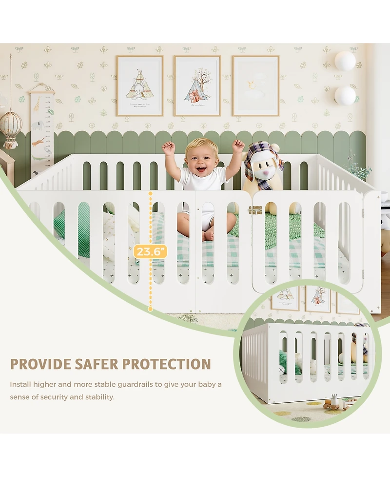 Rainsken Low-Profile Full Size Floor Bed for Kids, Solid Wood Bed Frame with High Protective Fence and Door for Boys Girls, No Box Spring Required