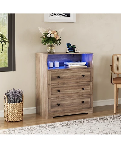 gaomon Tall Dresser for Bedroom with Led Lights and Charging Station, 3 Drawers Wood Chest of Drawers for Closet, Living Room, Hallway