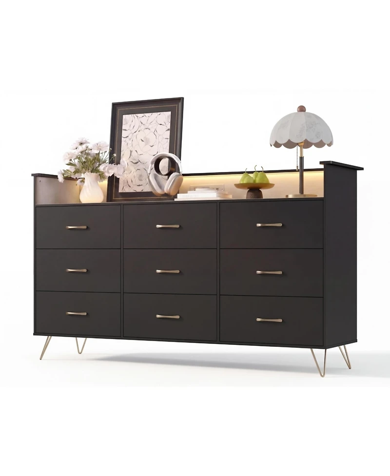 gaomon 9 Drawer Wooden Dressers for Bedroom with Led Lights and Charging Station