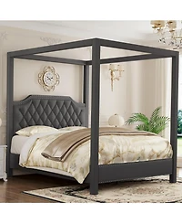 gaomon Queen Canopy Bed Frame Nailhead Headboard Upholstered 4 Pole Bracket Wood Slats No Box Spring