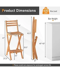 Gouun Folding Acacia Wood Bar Height Chair Set of 2 with Backrest and Footrest