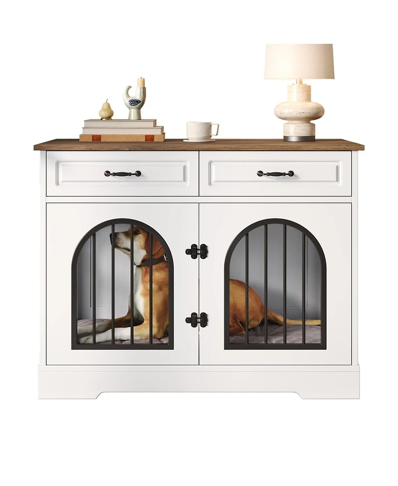 6thdruple 43.3" Indoor Pet House for Medium Large Dogs, Heavy Duty Wooden Dog Kennel with 2 Storage Drawers, End Table Furniture Crate