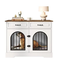 6thdruple 43.3" Indoor Pet House for Medium Large Dogs, Heavy Duty Wooden Dog Kennel with 2 Storage Drawers, End Table Furniture Crate