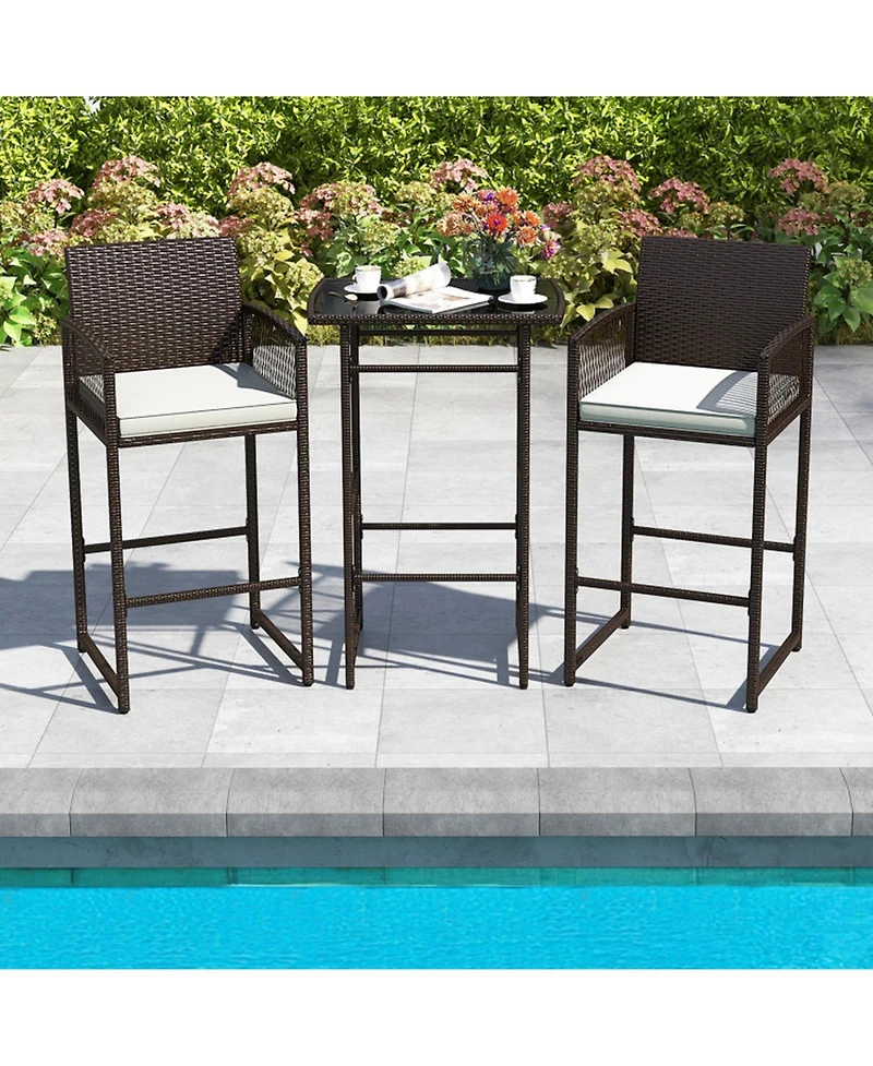 Gouun 3-Piece Wicker Outdoor Bar Set with Tempered Glass Table and Cushioned Armchairs