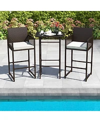 Gouun 3-Piece Wicker Outdoor Bar Set with Tempered Glass Table and Cushioned Armchairs