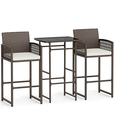 Gouun 3-Piece Wicker Outdoor Bar Set with Tempered Glass Table and Cushioned Armchairs
