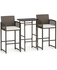 Gouun 3-Piece Wicker Outdoor Bar Set with Tempered Glass Table and Cushioned Armchairs