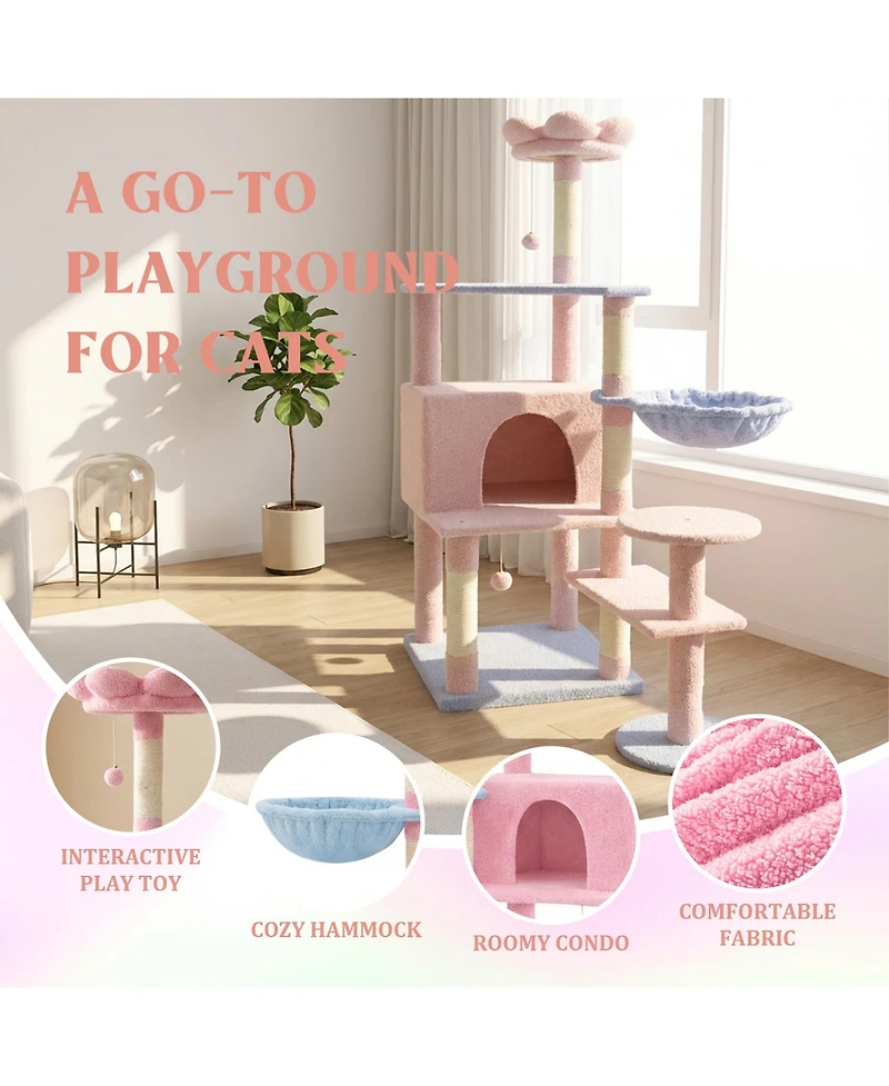 Zeus & Ruta Large Condo Cat Tree with Removable Floral Cushion Hammock