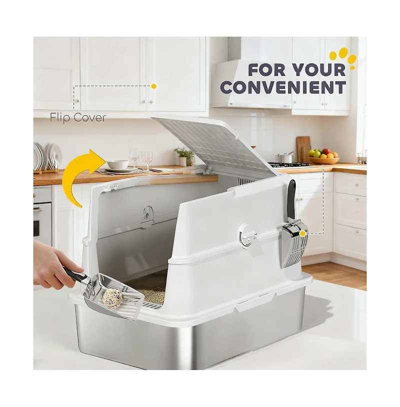 Zeus and Ruta Large Cat Litter Box with Stainless Steel, Flip Cover, Easy Clean Design, Jumbo Capacity