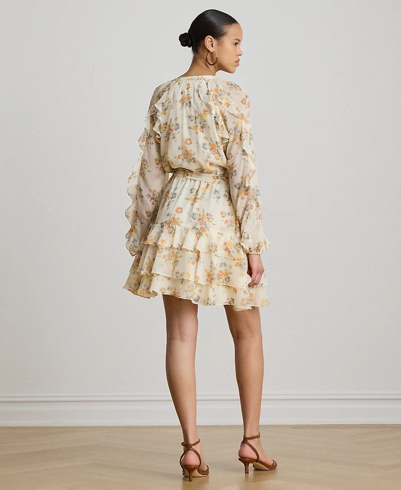 Lauren Ralph Petite Band Collar Floral Ruffle-Trim Tiered Dress