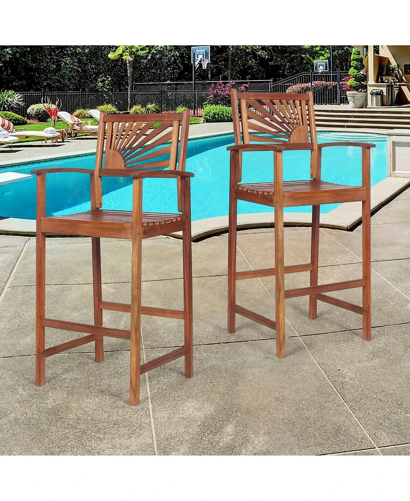sumyeg 2-Piece Outdoor Acacia Wood Bar Chairs with Sunflower Back and Armrests