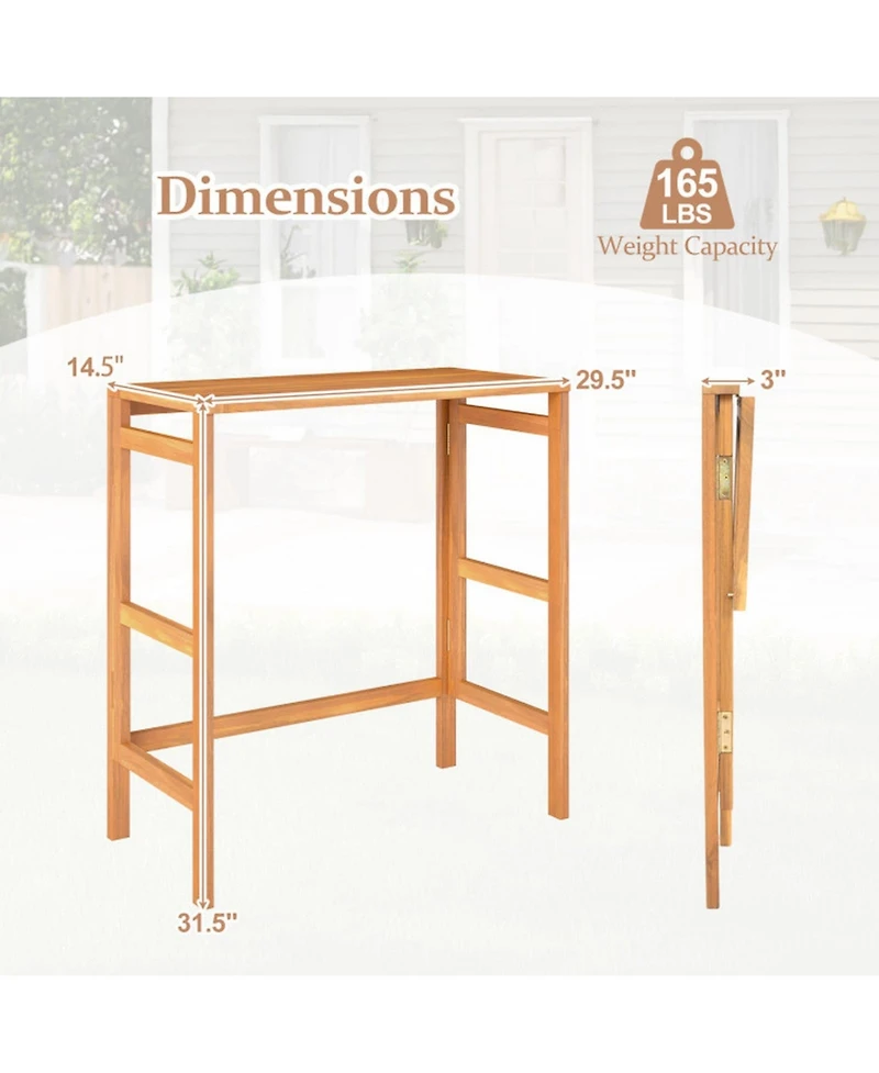 Gouun Foldable Acacia Wood Outdoor Bar Table with Slatted Top and Footrest