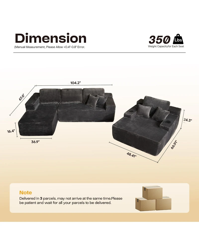 Xizzi 3-Piece L-Shaped Cloud Sectional Sofa with Oversized Chaise Lounge, No-Assembly Living Room Furniture Set, Plush Modular Couch and Comfy Chair