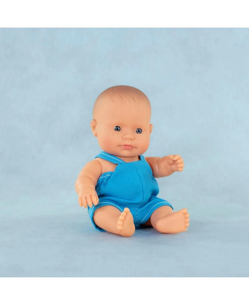 Miniland Baby Doll Caucasian Boy 8 1/4 inches in polybag. Made in Spain with Vanilla Scent. Anatomically Correct. My Friends and Me Collection