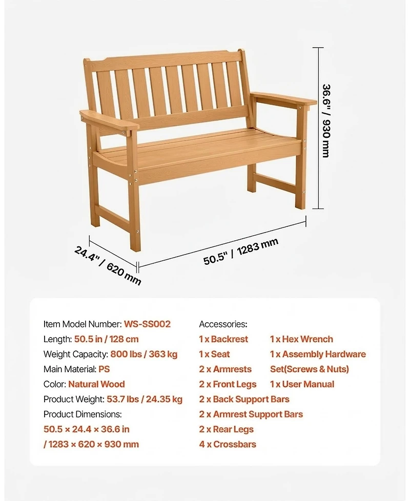 Sugift 50.5in Weatherproof Patio Bench with 800 lbs Capacity for Outdoor Seating