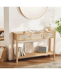 Sugift Rattan Console Table, 3 Storage Drawers, for Entryway, Living Room