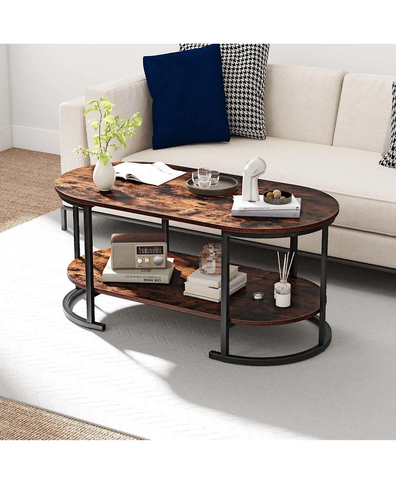 Sugift Oval Two Tier Coffee Table with Open Storage Shelf