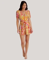 Kensie Women's Short-Sleeve V-Neck Printed Romper