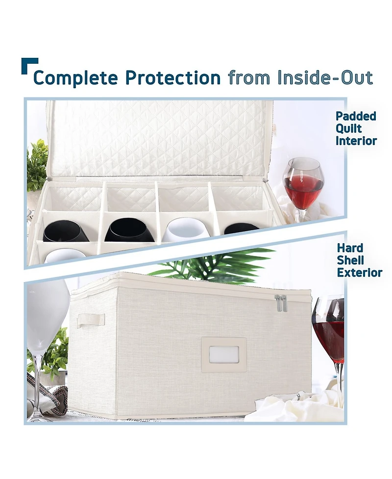 StorageBud Wine Glass Storage Box with Dividers, Quilted Stackable Stemware Case, Hard Shell China Container for 12 Glasses, Moving & Organization