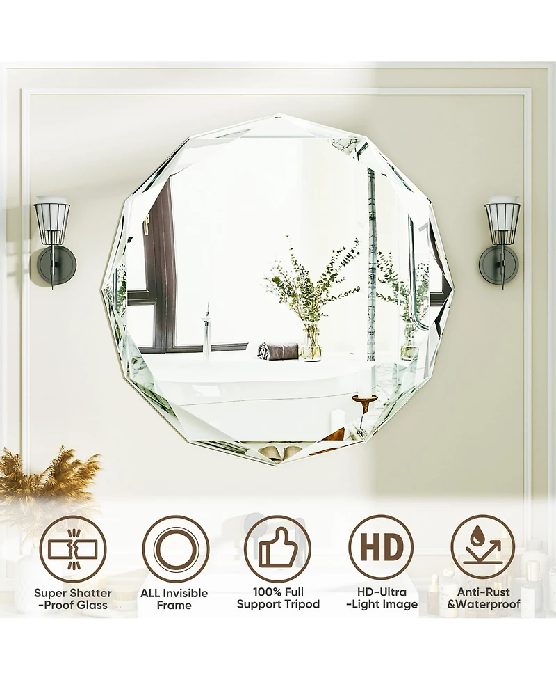 Antok Single Beveled Edge Circle Mirror Frameless Wall Mount Bathroom Vanity Mirror